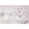 Image 2 : Two trays of hobnail milk glass including pair of footed flower bowls, ruffled candy dish, two lidde