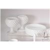 Image 3 : Two trays of hobnail milk glass including pair of footed flower bowls, ruffled candy dish, two lidde