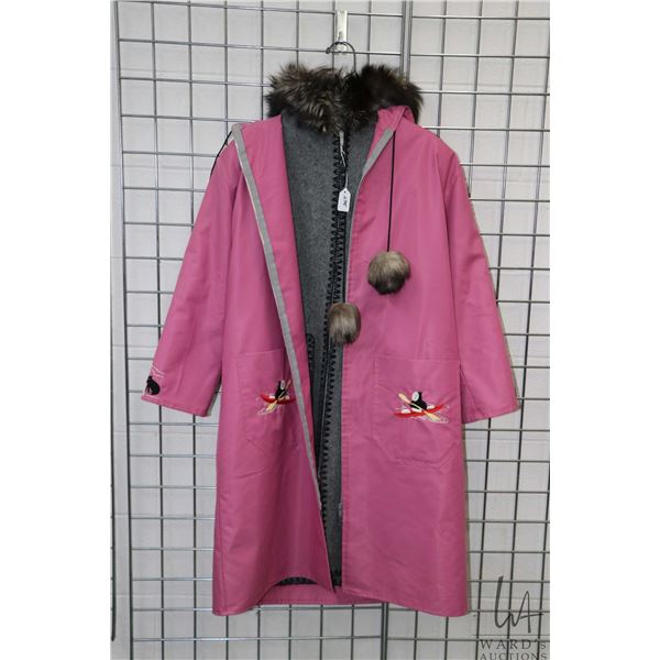 Hand made parke with embroidered Inuit scene and wool liner, fur lined hood and pompoms, no label an