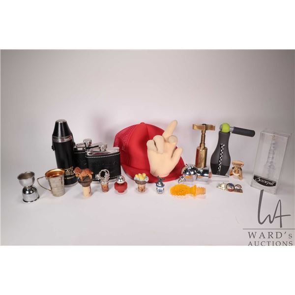 Selection of bar related accessories including corkscrews, Jack Daniels flasks, measuring jiggers, B