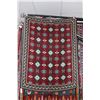 Image 1 : Wool rug with burgundy background and geometric pattern and highlights of greens, taupe, cream, 40" 