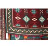 Image 2 : Wool rug with burgundy background and geometric pattern and highlights of greens, taupe, cream, 40" 