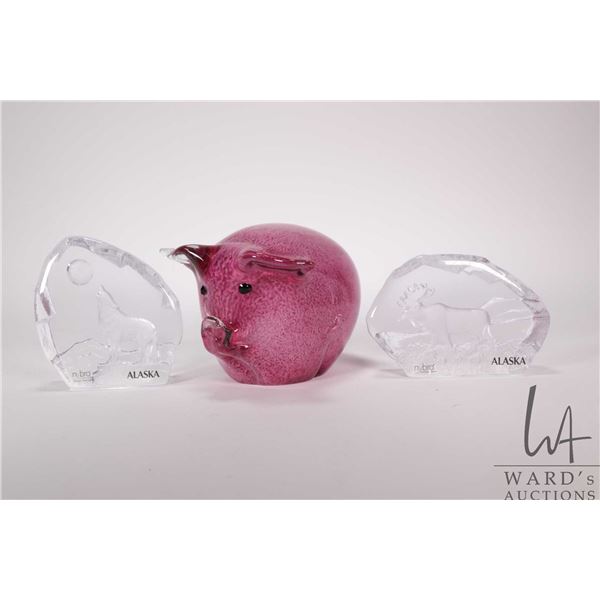 Two Swedish made Nybro crystal sculptures including Alaska moose and 4" wolf designed by Paul Isling