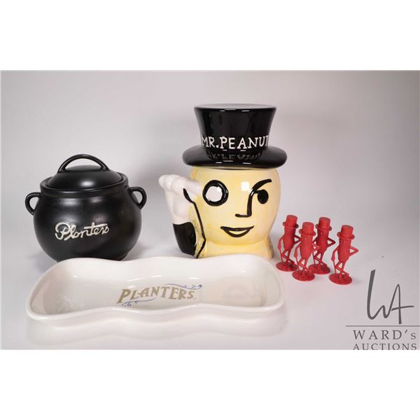 Planters Peanuts collectibles including Mr. Peanut cookie jar, double handled bean pot, serving dish