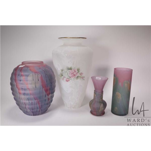 Casa Elite Italian Murano glass 15" rose motif flower vase and three pieces of Canadian art glass