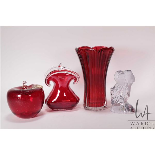 Artisan made hand blown ruby glass apple and ruby glass purse with applied colourless clasp 6 1/2" p