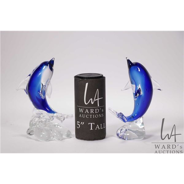 Two 7" high art glass dolphins