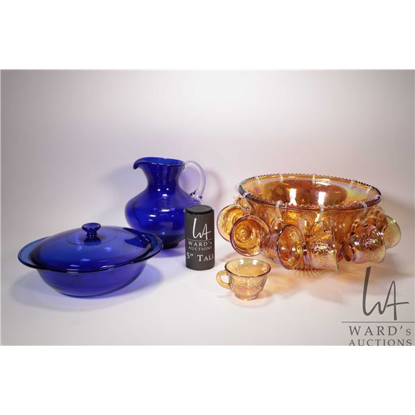 Selection of vintage glass including carnival glass style punch bowl and cups, 9" high cobalt pitche