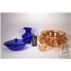 Image 1 : Selection of vintage glass including carnival glass style punch bowl and cups, 9" high cobalt pitche