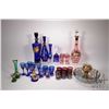 Image 1 : Selection of vintage and collectible glass including two gold overlay decanter and glass sets, Moser