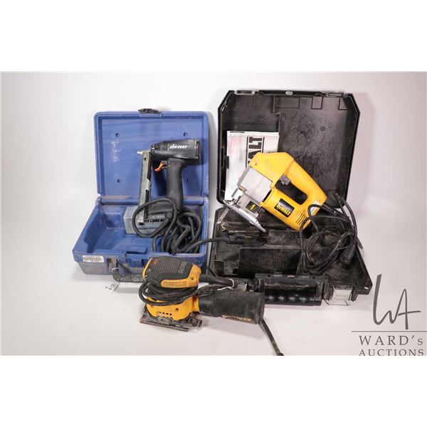 Three corded power tools including DeWalt palm sander no. DWE6411, DeWalt orbital jigsaw no. DW318 a