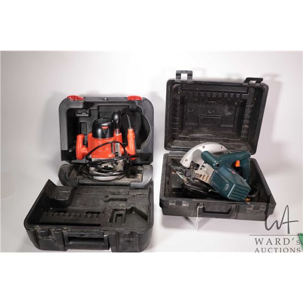 Black & Decker circular saw and a Black & Decker model RP400 plunge router, both working at time of 
