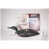 Image 1 : Vintage wooden duck decoy with 14" long base, 6" in height, artist initialed R.B. underneath and ass