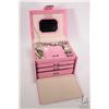Image 1 : Pink jewellry travel box with flip up mirrored lid and three drawers, sections for rings and earring