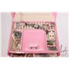 Image 3 : Pink jewellry travel box with flip up mirrored lid and three drawers, sections for rings and earring