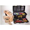 Image 1 : Stanley 19" tool box containing assorted hand tools, a new Kuny's tool belt and a safety harness and