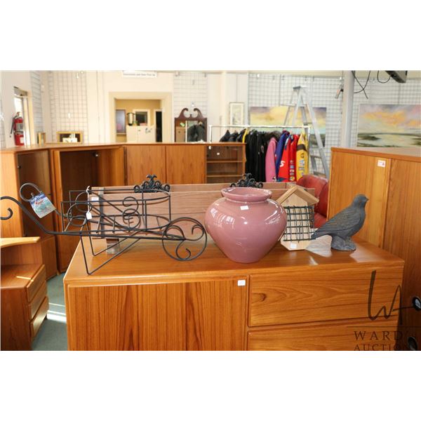 Selection of brand new outdoor and garden accessories including 36" wide wooden planter, hose reels,
