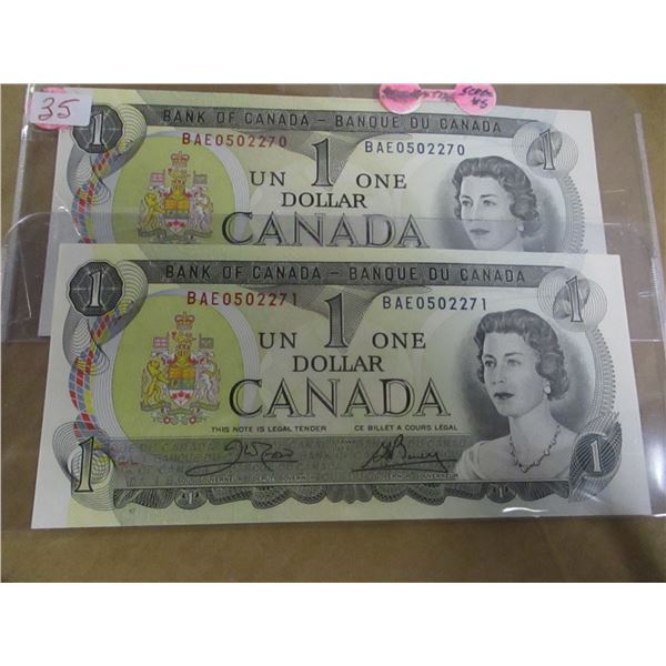 1973 CRISP UNCIRCULATED LAST OF CANADA $1 BILLS (SEQUENTIAL SERIAL NUMBERS)