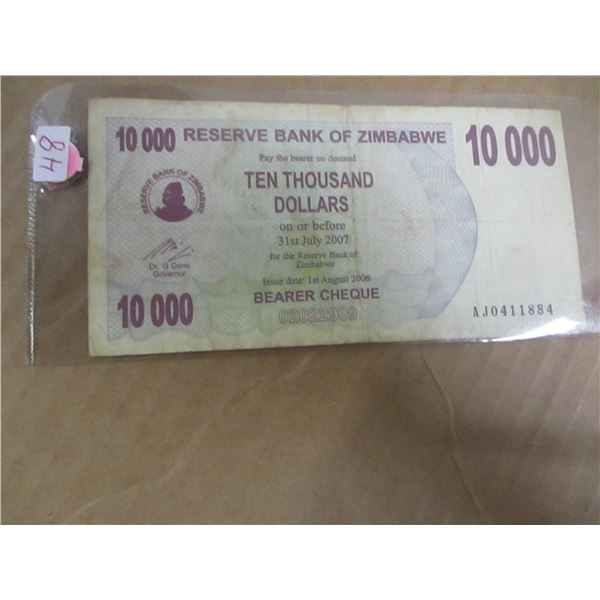 2007 BANK OF ZIMBABWA 10,000 DOLLAR RESERVE BANK NOTE