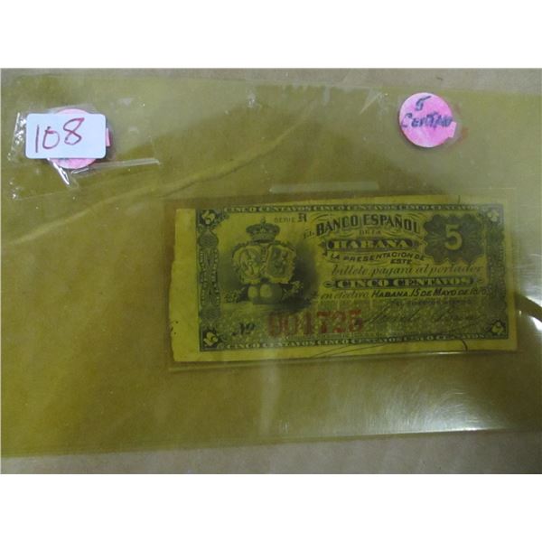1876 BANK OF MEXICO 5 CINCO - CENTAVO SCARCE BANK NOTE