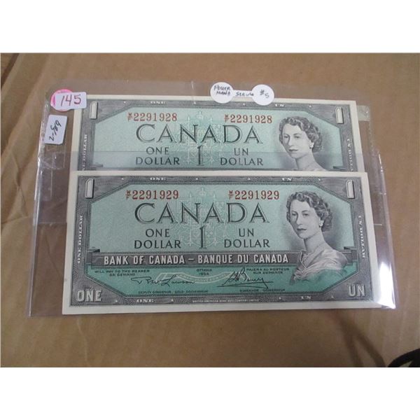 1954 SEQUENTIAL SERIAL NUMBER WITH POKER HAND SERIAL NUMBERS $1 BILLS (2)