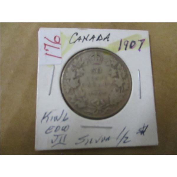 1907 CANADA KING EDWARD VII SILVER HALF DOLLAR