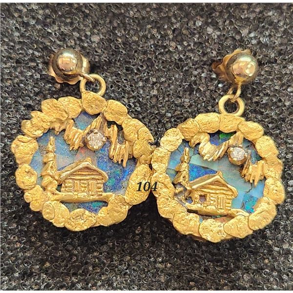 14K Gold Opal And Gold Nugget Log Cabin Earrings