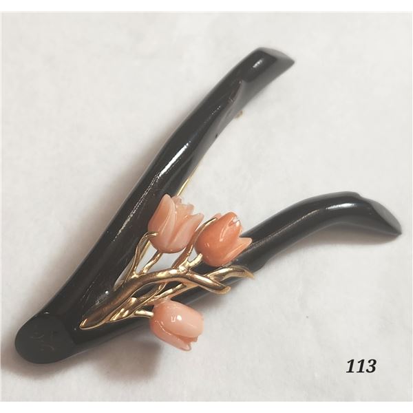 14K Gold Maui Divers Black And Red Coral Brooch