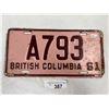 Image 1 : 1961 British Columbia License Plate