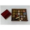Image 1 : Wooden Tray Full Of Buttons, Lock, Small Tins, Etc…