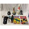 Image 1 : Vintage Toys, Cap Guns, Brownie Camera, Action Comics Metal Signs, Bowling Pins, Etc..