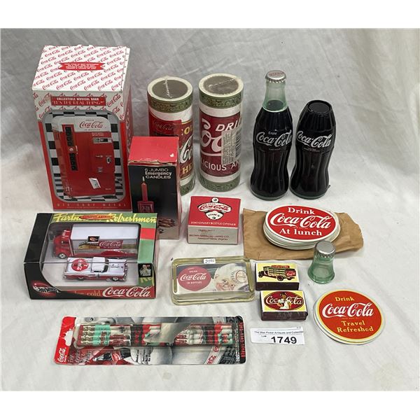 Tote Full Of Coca Cola Collectibles, Musical Bank, Coasters, Candle Holder, Etc…