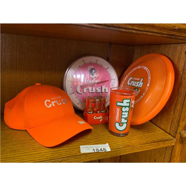 Assorted Orange Crush Collectibles, Thermometer, Frisbee, Hat , Cup, Bottle Caps, Miniature Carton