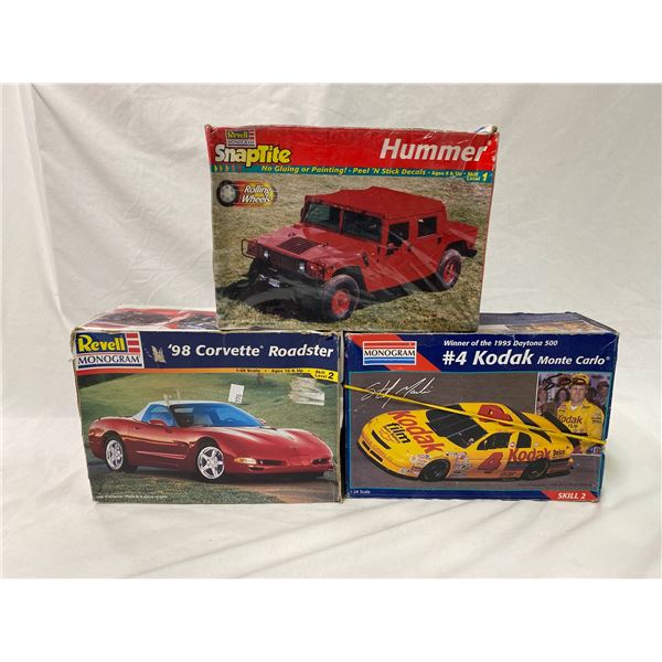 3 Vintage Model Kits, Revell Hummer Sealed, Monogram Kodak, Revell Monogram 98 Corvette Roadster