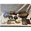Image 1 : Box Of Vintage Collectibles, Flasks, Plates, Search Light, Duck, Etc..