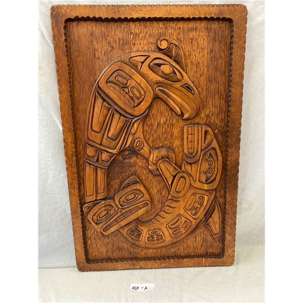 1970s Hand Carved First Nations Plaque Raven & Killer Whale Signed P.J.