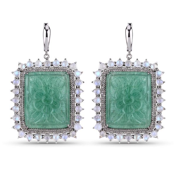 Carved Jade Moonstone & Diamond Earrings