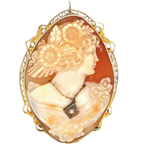 pics- Antique 14k Shell Cameo & Diamond Brooch