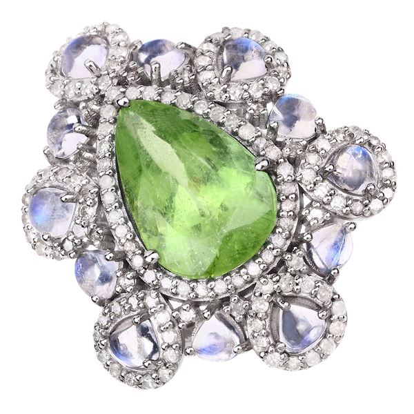 Moonstone & Peridot Diamond Halo Cocktail Ring