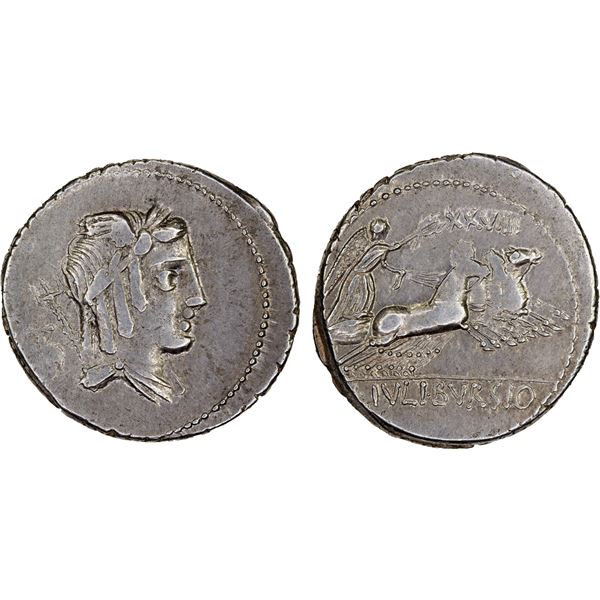 ROMAN REPUBLIC: L. Iulius Bursio, AR denarius (3.93g), Rome, 85 BC, Choice VF