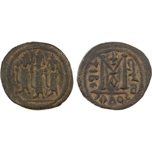 ARAB-BYZANTINE: Three Standing Figures, ca. 680s-690s, AE fals (5.76g), Tabariya (Tverya), choice VF