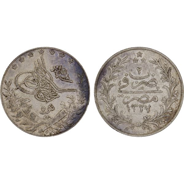 EGYPT: Mehmet V, 1909-1918, AR 5 qirsh, AH1327 year 2, VF-XF