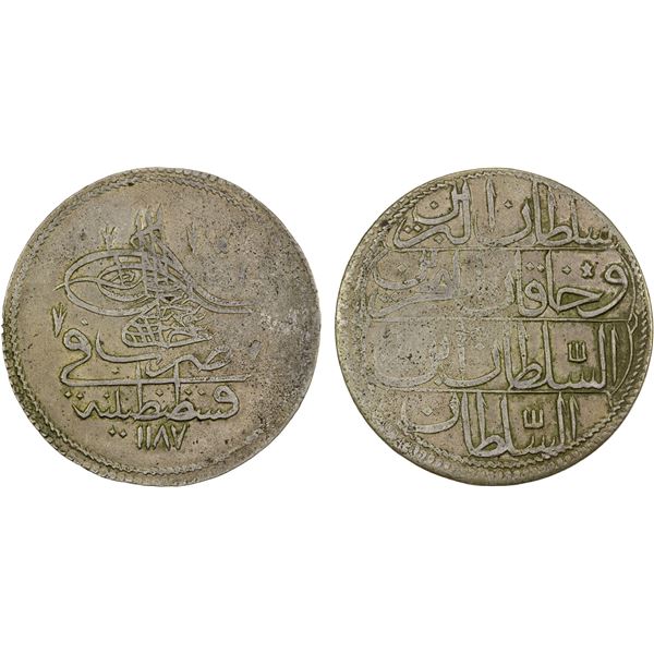 TURKEY: Abdul Hamid I, 1774-1789, AR piastre (19.14g), Kostantiniye, AH1187 year 1, VF-XF