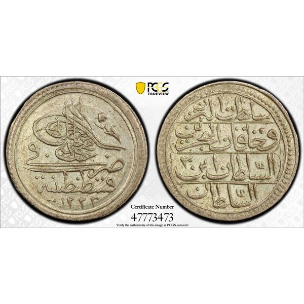 TURKEY: Mahmud II, 1808-1839, AR 5 para (1.18g), AH1223 year 3, PCGS MS62