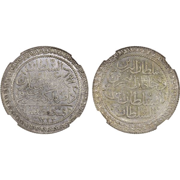 TURKEY: Mahmud II, 1808-1839, AR 60 para, Kostantiniye, AH1223 year 20, NGC lustrous MS61