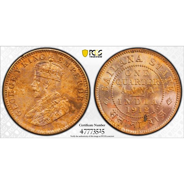 SAILANA: Jaswant Singh, 1890-1919, AE 1/4 anna, 1912, PCGS MS63 RB