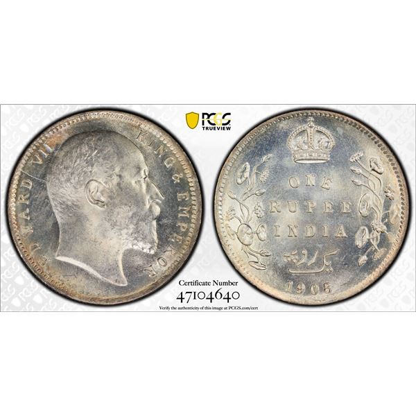 BRITISH INDIA: Edward VII, 1901-1910, AR rupee, 1908(c), PCGS MS63