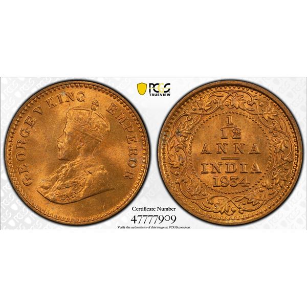 BRITISH INDIA: George V, 1910-1936, AE 1/12 anna, 1934(c), PCGS MS66 RD