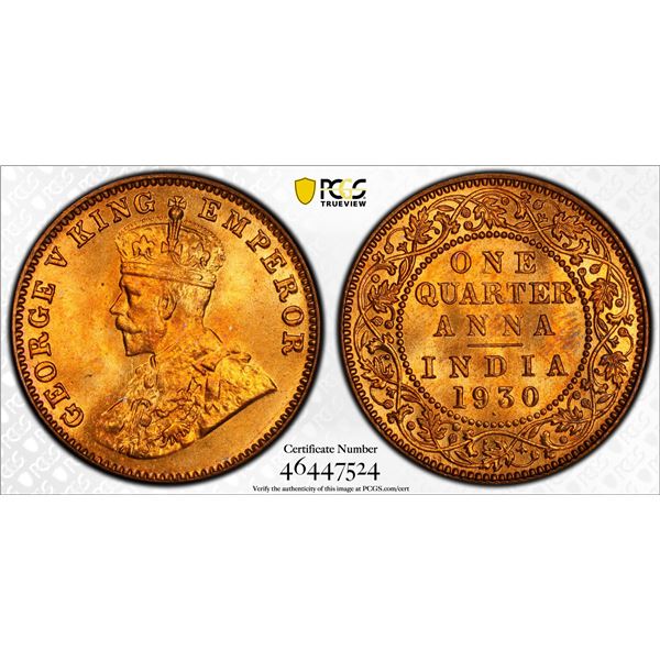 BRITISH INDIA: George V, 1910-1936, AE 1/4 anna, 1930(b), PCGS MS66 RD