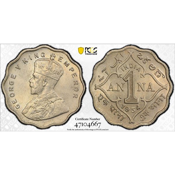 BRITISH INDIA: George V, 1910-1936, 1 anna, 1934(c), PCGS MS64